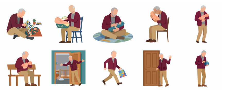 Grandfather caring for newborn baby flat vector illustration set. Senior man babysitting, feeding, reading and bonding with grandchild. Daily routine scenes of grandparenting.