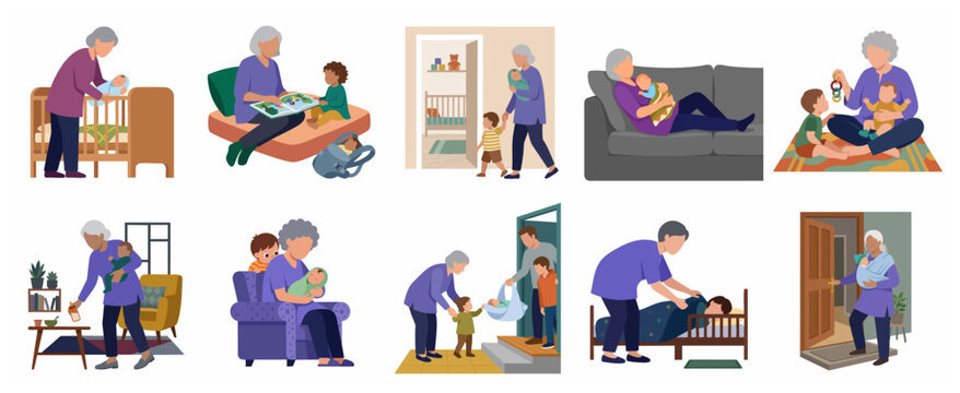 Grandmother babysitting and caring for grandchildren set of flat vector illustrations