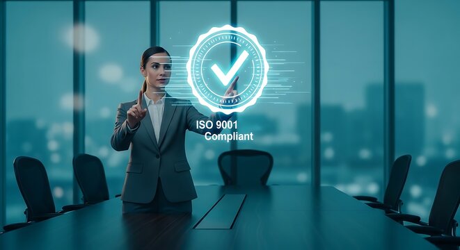 Businesswoman touching quality certification hologram in modern office setting
