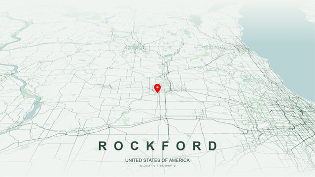 Modern minimalist vector map of Rockford, Illinois, USA. High-quality scalable illustration of Rockford historic downtown city grid, Rock River waterfront layout for posters design.