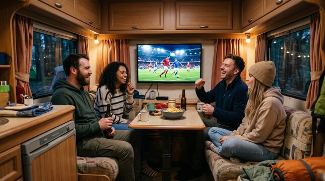 Friends watching football match on TV inside a campervan during a forest camping trip