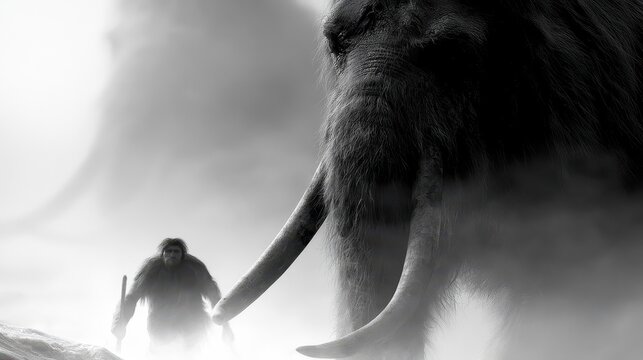 Primitive People Interact With Mammoths in Cold Ancient Landscape Setting