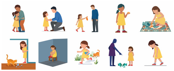 Fototapeta premium Little Girl Behavior and Emotions Set with Father, Parenting and Discipline Concept Illustration