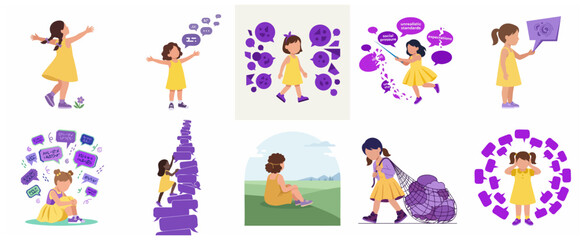 Fototapeta premium Childhood mental health and social pressure conceptual vector illustration set featuring a young girl dealing with anxiety, expectations, and emotional burdens.