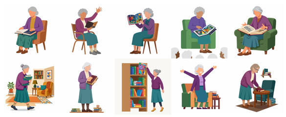 Fototapeta premium Senior Woman Reading and Enjoying Books Character Set, Flat Vector Illustration of Grandmother in Library and Home Settings
