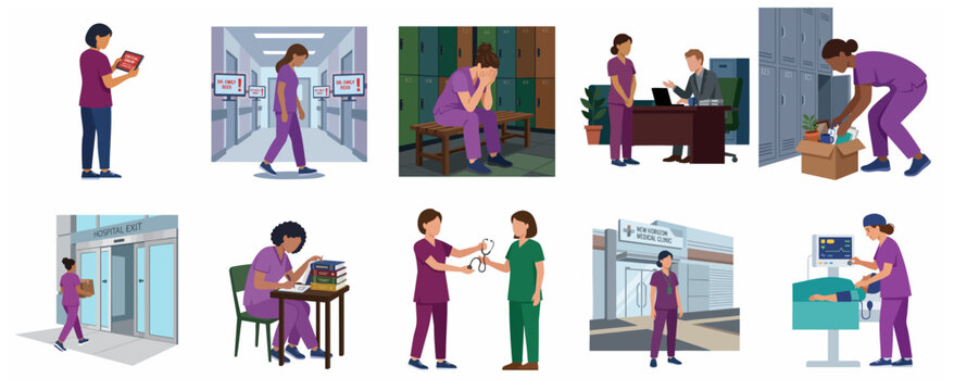 Vector Illustration Set of a Nurse Experiencing Medical Errors Burnout Stress and Career Transitions in a Hospital Environment