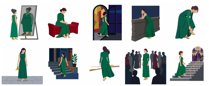 Emotional journey of a woman in a green dress exploring themes of body dysmorphia, depression, social anxiety, and loneliness in a flat vector illustration set.
