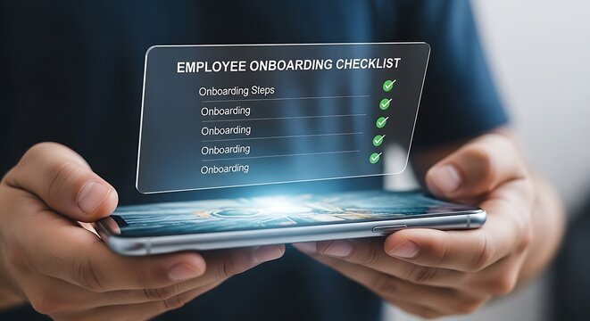 Hands holding smartphone with holographic employee onboarding checklist projected above, representing new hire process and digital management.