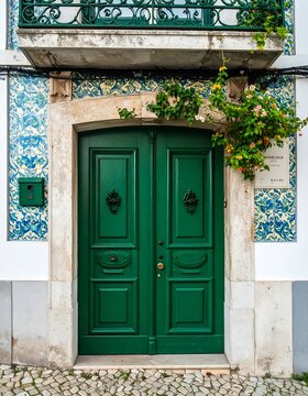 Ornate green door on a historic building