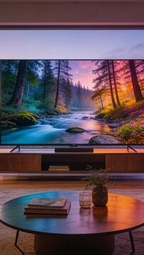 Vertical video: Playback starting, TV playing forest stream at home, casting glow for calm viewing