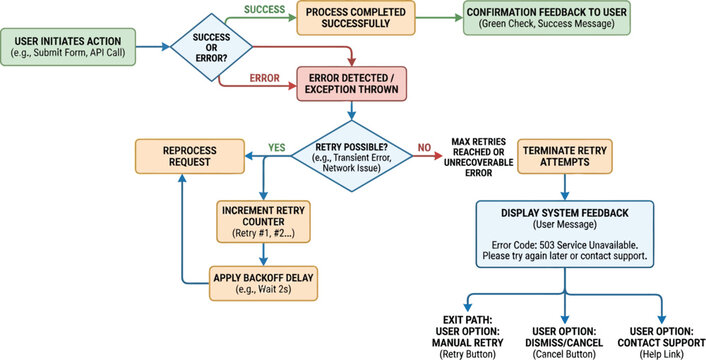Flowchart diagram illustrates the logic of technical system error handling and user feedback.