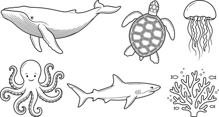 Hand drawn sea animals line art set with whale shark octopus turtle jellyfish and coral reef elements vector © AKTAR