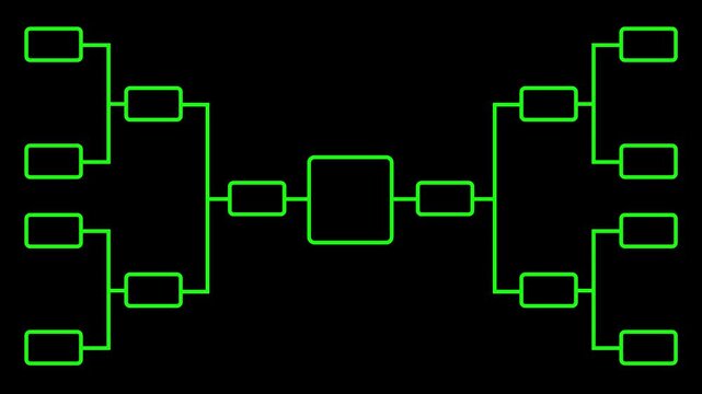 Abstract 32 team tournament bracket championship template with green line animation isolated on black background.