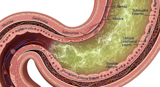 Detailed cross-section diagram of the human stomach wall layers isolated on white background