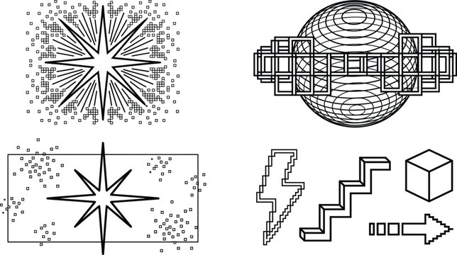 Y2K retro futuristic geometric set with pixel starburst wireframe planet lightning bolt and cube elements vector