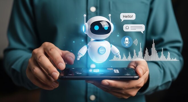 Person using a mobile phone with a 3D robot chatbot avatar for customer service and voice assistant