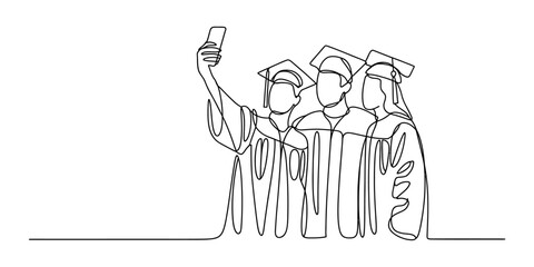 Obraz premium Group of happy university students in graduation gowns and caps taking a selfie with a smartphone in a continuous single line drawing art style Vector, illustration
