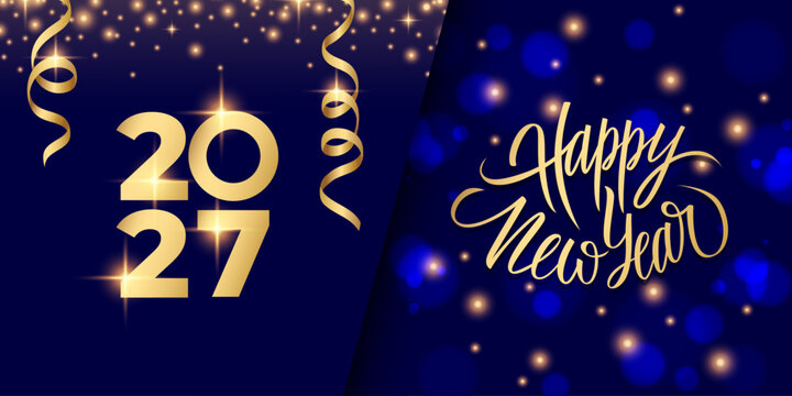 2027 Happy New Year Festive Banner. Hand lettering greetings, bokeh lights and gold ribbons. 2027 New Year's Eve. Vector illustration.