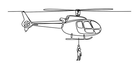 Continuous line drawing of a person hanging from a helicopter in the sky Vector, illustration © Coloring Pages Line 