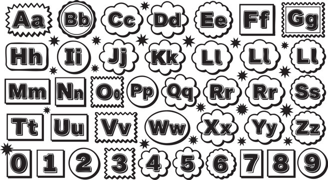 Alphabet, vector illustration, educational, graphic design, black, white, letters, numbers, typography, kids, learning, colorful, decorative, font, style, texture, digital art, vector graphic