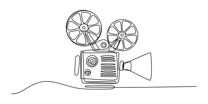 Continuous single line drawing of a retro vintage movie camera with film reels for cinema and film production concept art Vector, illustration