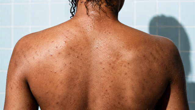 woman with acne on back standing in shower. Dermatological skin condition and body positivity concept. Real person with skin texture revealing natural flaws for skincare medical advice