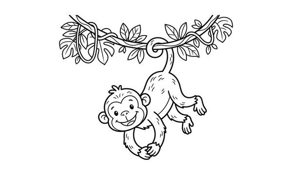 Cute, happy cartoon monkey hanging upside down from a jungle vine, black and white outline coloring page illustration for kids