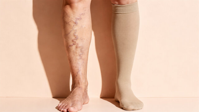 woman legs with varicose veins and compression stocking for medical treatment. Comparison of healthy leg and leg with vein condition. Healthcare support for circulation and phlebology