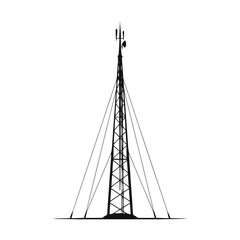 Fototapeta premium A tall black silhouette of a telecommunications tower with guy wires and antennas, isolated on a white background, for industrial concepts