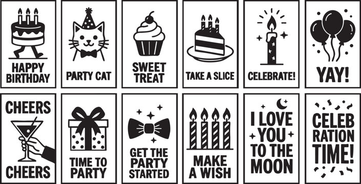 Black and white vector illustration set of birthday celebration graphics and icons with text, including cake, cat, cupcake, balloons, and party phrases.