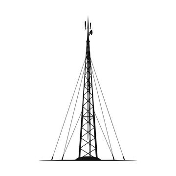 A tall black silhouette of a telecommunications tower with guy wires and antennas, isolated on a white background, for industrial concepts