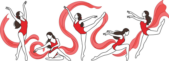 Obraz premium Vector illustration of dancers in red leotards with ribbons representing ballet, contemporary dance, and graceful movement themes