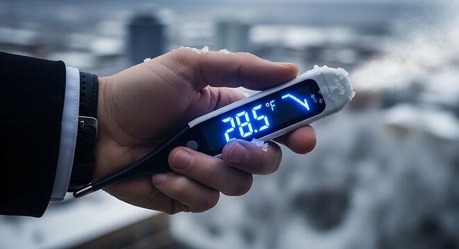 Digital thermometer showing cold temperature of 28.5 Fahrenheit in snow winter city background