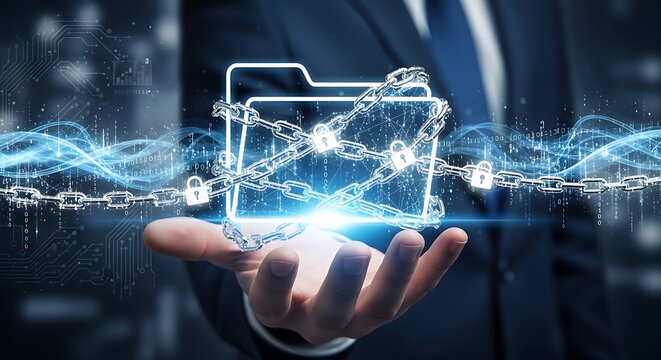 Data Security and Privacy Concept. Hand holding glowing locked folder with chains, digital protection, information safety on abstract background.