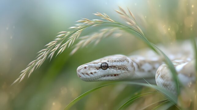 Gentle Baby Python With Soft Eyes Rests Among Green Grass and Plants