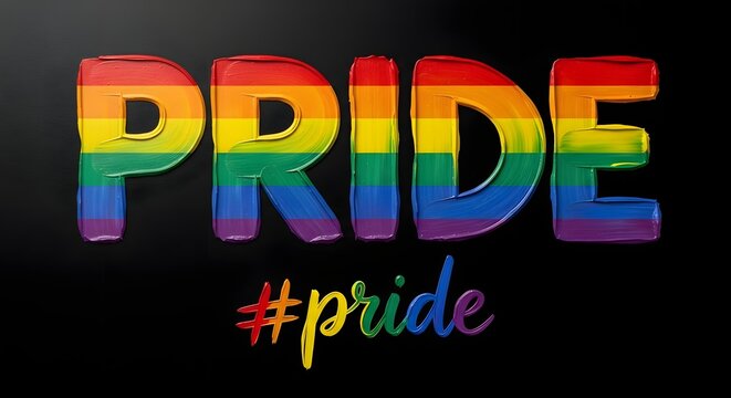 Bold pride text with rainbow flag texture and colorful hashtag on black background