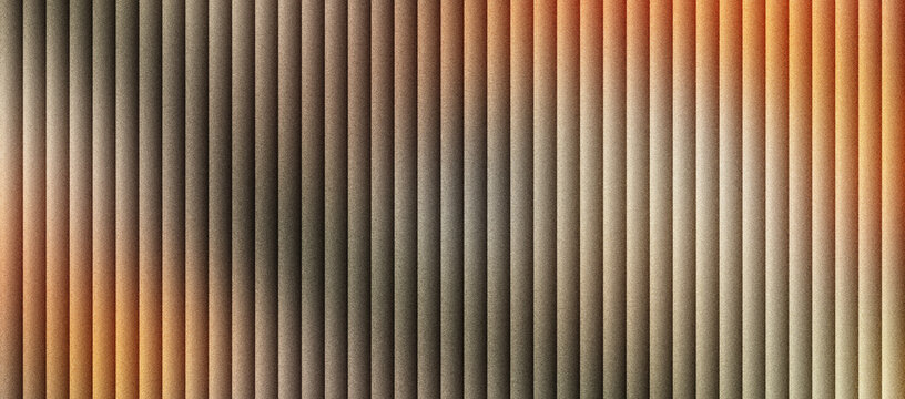Corrugated metal texture with vertical ridges and warm lighting. Industrial steel panel background with orange and grey gradients. Ribbed metallic surface for architectural design and banners.