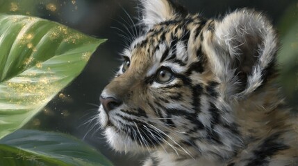 Fototapeta premium Baby Tiger With Soft Expressive Eyes Looks at Green Leaves in Nature