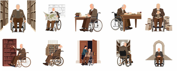 Senior disabled man in wheelchair in a library setting, reading books, researching archives, and studying, flat vector illustration set. © Jacce