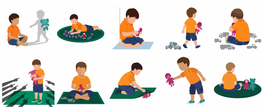 Gender stereotype concept: young boy playing with dolls and facing social pressure, set of vector illustrations