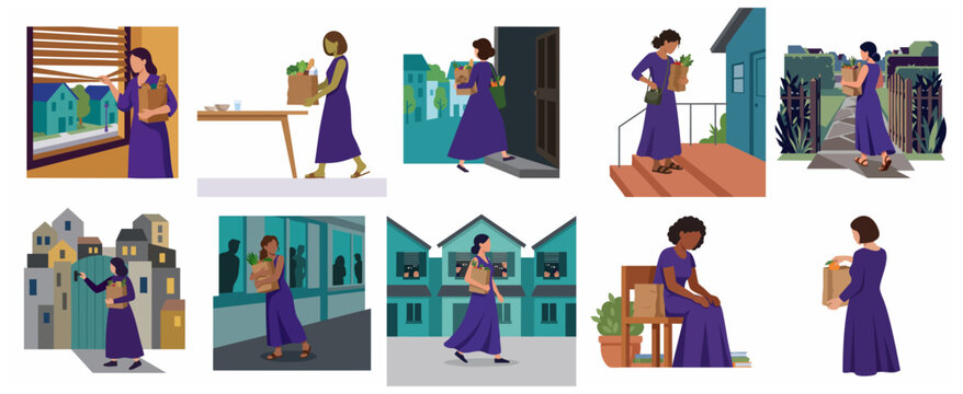 Collection of Illustrations of a Woman Carrying Groceries Feeling Watched and Stalked, Depicting Paranoia and Social Anxiety