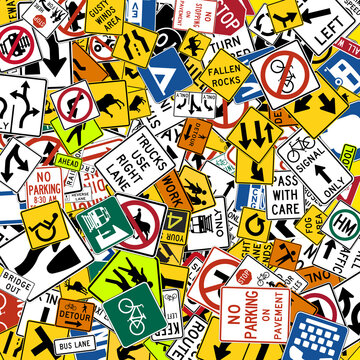 Collage of various US traffic signs and American road warning symbols background