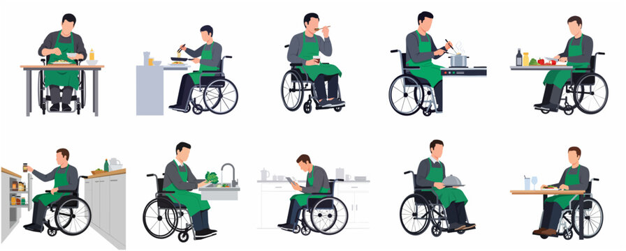 Set of flat vector illustrations featuring a man in a wheelchair cooking, preparing meals, and eating in an accessible kitchen, representing inclusion and independent living.