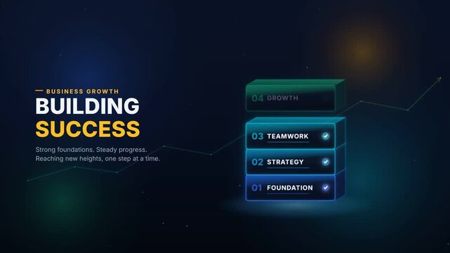 Building success stacking blocks animation showing foundation strategy teamwork and growth steps