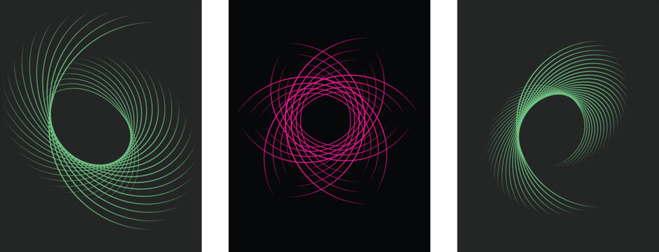 Abstract sci-fi line art poster vector design set. 3-in-1 futuristic geometric wall art triptych featuring neon green and magenta spirograph vortex curves on dark background.