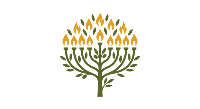 Minimalist flat design 2D icon of a Hanukkah menorah with nine lit candles symbolizing the Jewish Festival of Lights on a clean white canvas perfect for holiday branding and religious celebr