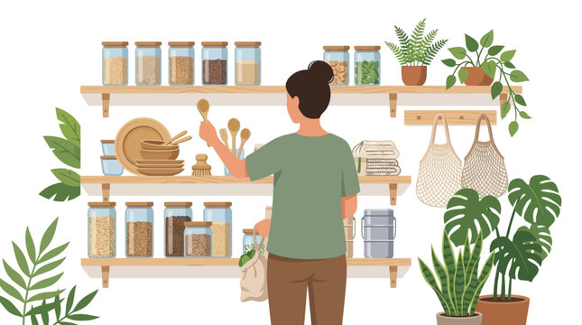 Woman organizing sustainable kitchen pantry with glass jars and wooden utensils.
