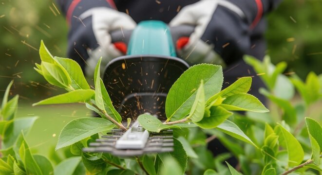 Gardening tools in action with electric pruner trimming green leaves and branches. Pruner efficiently snips away foliage while maintaining cleanliness in garden.