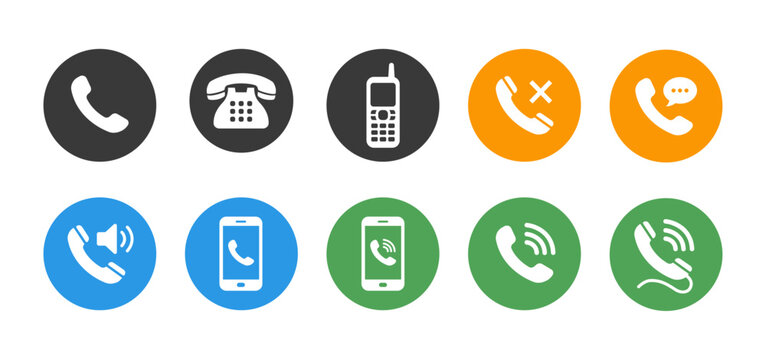 Phone call and communication icon set with incoming outgoing answer reject call buttons and mobile telecom symbols
