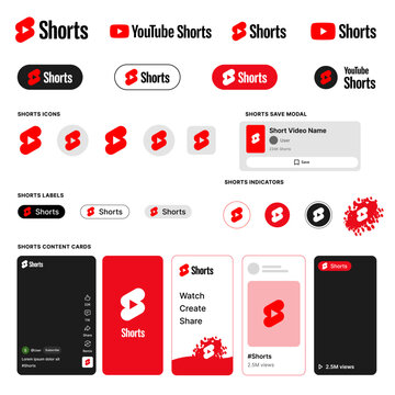 Short video platform design assets with YouTube Shorts logos creator interface buttons content cards and social media branding elements